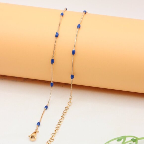 "Rose Gold Beaded Necklace with Blue Accents, Adjustable, XPNL0337 - Picture 9 of 11